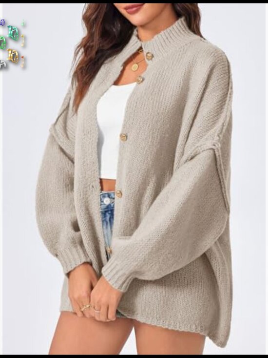 Oversized Cardigan Chunky Knit Long Lantern Sleeve Button Down Loose Fall - Picture 4 of 7
